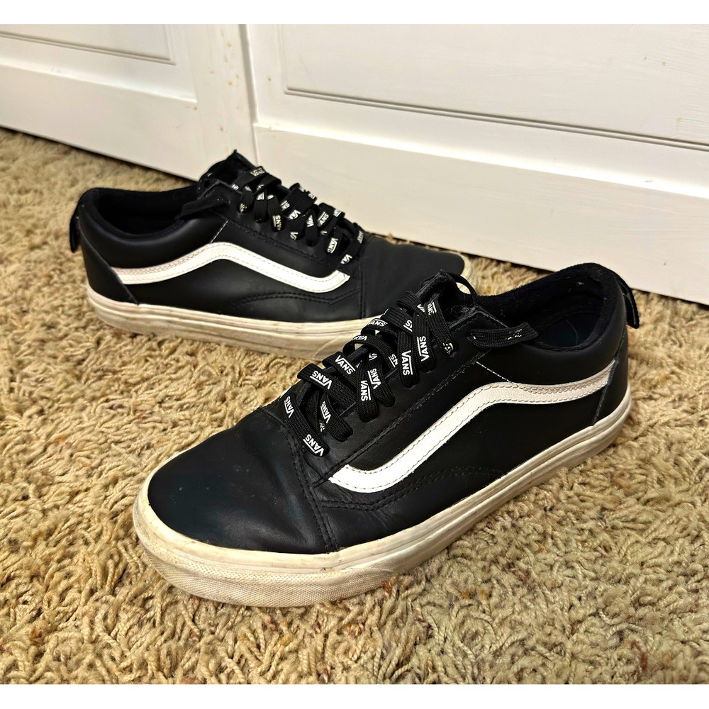 Vans Old Skool Black Leather Men 7.5 Women 9 Low Top Skate Sneakers 500714